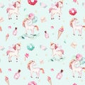 Isolated cute watercolor unicorn pattern. Nursery rainbow unicorns aquarelle. Princess unicornscollection. Trendy pink