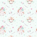 Isolated cute watercolor unicorn pattern. Nursery rainbow unicorns aquarelle. Princess unicornscollection. Trendy pink