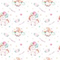 Isolated cute watercolor unicorn pattern. Nursery rainbow unicorns aquarelle. Princess unicornscollection. Trendy pink