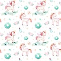 Isolated cute watercolor unicorn pattern. Nursery rainbow unicorns aquarelle. Princess unicornscollection. Trendy pink