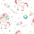 Isolated cute watercolor unicorn pattern. Nursery rainbow unicorns aquarelle. Princess unicornscollection. Trendy pink