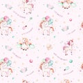 Isolated cute watercolor unicorn pattern. Nursery rainbow unicorns aquarelle. Princess unicornscollection. Trendy pink