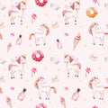 Isolated cute watercolor unicorn pattern. Nursery rainbow unicorns aquarelle. Princess unicornscollection. Trendy pink