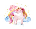 Isolated cute watercolor unicorn and rainbow clipart. Nursery unicorns illustration. Princess unicorns poster. Trendy