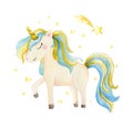 Isolated cute watercolor unicorn and stars clipart. Nursery unicorns illustration. Princess unicorns poster. Trendy Royalty Free Stock Photo