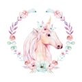 Isolated cute watercolor unicorn clipart with flowers. Nursery unicorns illustration. Princess rainbow poster. Trendy