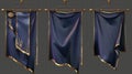 Isolated 3D blue hanging pennon on transparent background. Royal or knight vintage pennant with golden border, ragged or