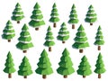 Isometric set of green fir trees decorated with snow toys. Isolated 3d illustration of Christmas trees, isometric view.