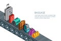 Isolated 3d isometric illustration of conveyor belt with luggage, suitcases, bags. Concept for checked baggage