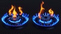 An isolated 3D modern set of burning gas stoves and hotpots with blue flames. A kitchen burner with lit hobs and propane Royalty Free Stock Photo