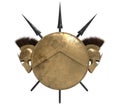 Isolated 3d render illustration of spartan shield, helmets and spears