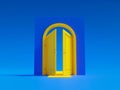 An isolated 3D render of an open door with yellow light inside, displayed on a blue background. This modern minimalistic Royalty Free Stock Photo