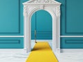 An isolated 3D render of an open door with yellow light inside, set against a blue background. This modern minimalistic Royalty Free Stock Photo
