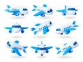 Isolated 3d render planes. Cartoon aircrafts, air travel and transportation. Realistic plane different rotates, airplane Royalty Free Stock Photo