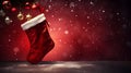 Isolated dark red Christmas Stocking in front of a festive Background. Cheerful Template with Copy Space Royalty Free Stock Photo