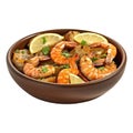 Isolated deep clay dish with grilled prawns with parsley and lemon slices