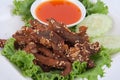 Isolated deep fried beef slice with herbs with delicious taste on white background
