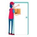 Isolated delivery boy with a package knocking a door