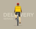 Isolated delivery service cyclist courier on bicycle with yellow parcel box on the back.