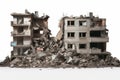 Isolated demolished buildings and destroyed houses on white background