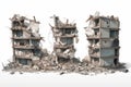 Isolated demolished buildings and destroyed houses on white background