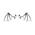 Isolated demon wings with horns tattoo. Fantasy devil logo. Black vampire sign. Hell bat pattern