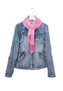 Isolated denim jacket, jeans wear, pink scarf