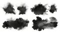 Isolated design elements of black sandy clouds, dry grainy stains, dirty smoke, and dark textured smears on a white