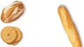 Isolated different kinds of bread on a white background. Photo of variety of bread with copy space. Top view. Related to bakery Royalty Free Stock Photo