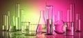 Isolated different laboratory glassware with colored liquids Royalty Free Stock Photo