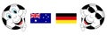 Isolated digital illustration of smiling soccer balls next to the flags of Germany and Australia