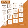 Isolated Diwali Lineal Icons Set Against Orange And White