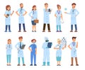 Isolated doctor characters. Smiling clinician pharmacist, cartoon nurse and doctors. Flat friendly hospital team