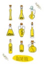 9 isolated doodle olive oils in cute bottles.