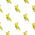 Isolated doodle seamless pattern with green and yellow parrots bird ornament. White background