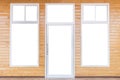 Isolated of door and windows frame on bright pine wooden wall