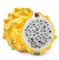 Isolated dragonfruit. Cut yellow pitahaya fruit isolated on white background