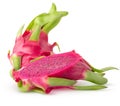 Isolated dragonfruit. Raw red pitahaya fruit and cut (half) isolated on white background