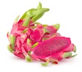 Isolated dragonfruit. Two whole and half of red pitahaya fruits isolated on white background, with clipping path.