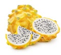 Isolated dragonfruit. Whole, half and two pieces of yellow pitahaya fruit isolated on white background