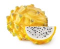 Isolated dragonfruit. Whole and piece of yellow pitahaya fruit isolated on white background