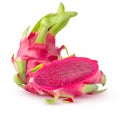 Isolated dragonfruit. Whole red pitahaya fruit and cut (half) isolated on white background with clipping path.