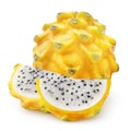 Isolated dragonfruit. Whole and two pieces of yellow pitahaya fruit isolated on white background
