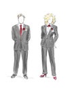 Isolated drawing of a handsome stylish gentleman and office lady wearing black suits and red ties
