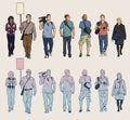 Isolated drawings of protesters and cameramen