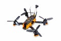 Isolated drones racing FPV quadrocopter made of carbon black, drone ready for flight, stylish and modern hobby