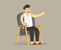 Isolated drunkard male character holding bottle in his hand and yelling to someone while sitting on armchair. Royalty Free Stock Photo