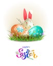 Isolated Easter composition with eggs, flowers, bunny ears and willow branch Royalty Free Stock Photo