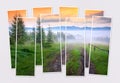 Isolated eight frames collage of picture of old country road in Carpathian mountains.