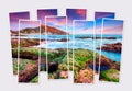 Isolated eight frames collage of picture of summer sunset on Giallonardo beach, Sicily, Italy. Royalty Free Stock Photo
